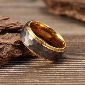 8mm Gold Tungsten Ring, Tungsten Ring with Gold, Hammered Ring Wedding Ring Anniversary Ring
