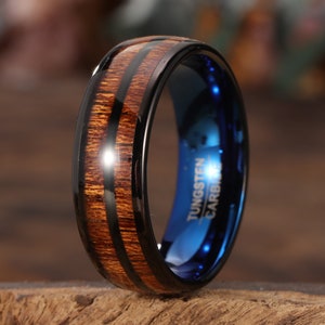 8mm Men&#39;s Tungsten Carbide Rings Inlaid with koa woodWedding Band Domed Polished Finish  black and blue