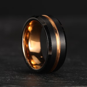 8mm Rose Gold Tungsten Ring, Glitter Ring Stackable Ring Patterned Ring, Matte Brushed Finish Beveled Edge with Groove Ring