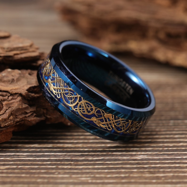 8mm Blue Tungsten Ring, Tungsten Ring with Celtic Dragon, Carbon Fiber Ring Wedding Ring Anniversary Ring image 2