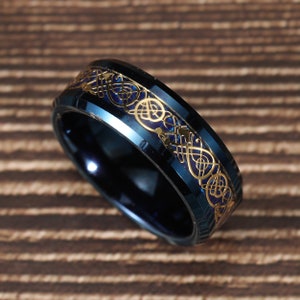 8mm Blue Tungsten Ring, Tungsten Ring with Celtic Dragon, Carbon Fiber Ring Wedding Ring Anniversary Ring image 3
