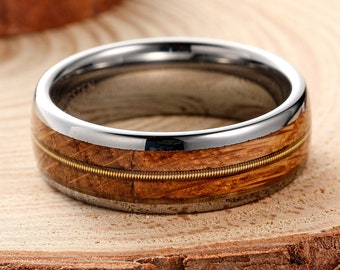 8mm Sliver Tungsten Ring, Whisky Barrel Wood Ring, Guitar String Wedding Ring Unisex Tungsten Ring Holiday Gifts