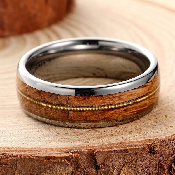 Bague en tungstène argent 8 mm, bague en bois de tonneau de whisky, alliance pour cordes de guitare, bague en tungstène unisexe, cadeaux de vacances