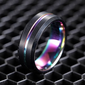Zwarte regenboog wolfraam ring, regenboog sieraden, wolfraam heren trouwring, unieke verloving, belofte ring, jubileumcadeau