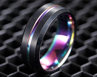Black Rainbow Tungsten Ring, Rainbow Jewelry, Tungsten Mens Wedding Band, Unique Engagement, Promise Ring, Anniversary Gift