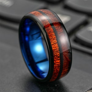 8mm Men&#39;s Tungsten Carbide Rings Inlaid with Koa Wood Wedding Band Domed Polished Finish Black and Blue