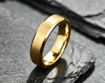 6mm Gold Tungsten Ring, Mens Wedding Ring, Mens Engagement Ring, Yellow Gold Ring, Engraved Ring, Gold Promise Ring, Anniversary Ring