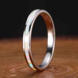 White Tungsten Steel Ring, Unisex 3mm Tungsten Domed Wedding Ring  Polished Finish Ring for Men Women, Set with White Opal