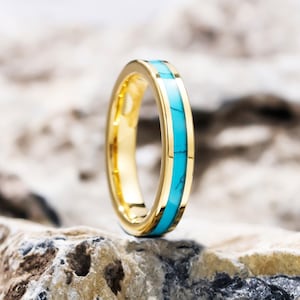 Anello in tungsteno oro turchese, anello con intarsio turchese, anello in tungsteno unico, fede nuziale uomo donna, anello anniversario, anello in tungsteno oro giallo