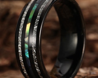 8mm Black Tungsten Ring,  Lnlaid Abalone Shell and Imitated Meteorite, Wedding Ring Gift Ring