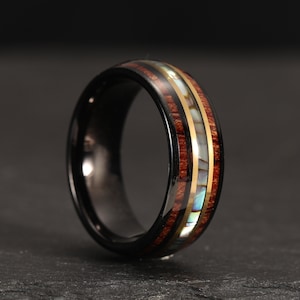 8mm Black Gold Tungsten Ring, Wedding Rings Rings for men and women Gift Rings, Abalone Shell and Koa Wood Domed Ring