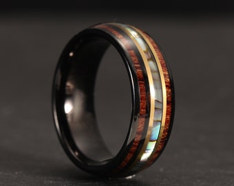 8mm Black Gold Tungsten Ring, Wedding Rings Rings for men and women Gift Rings, Abalone Shell and Koa Wood Domed Ring
