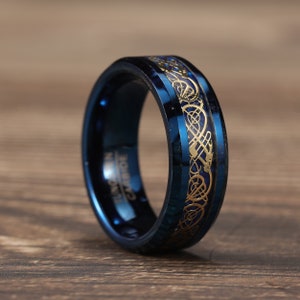 8mm Blue Tungsten Ring, Tungsten Ring with Celtic Dragon, Carbon Fiber Ring Wedding Ring Anniversary Ring