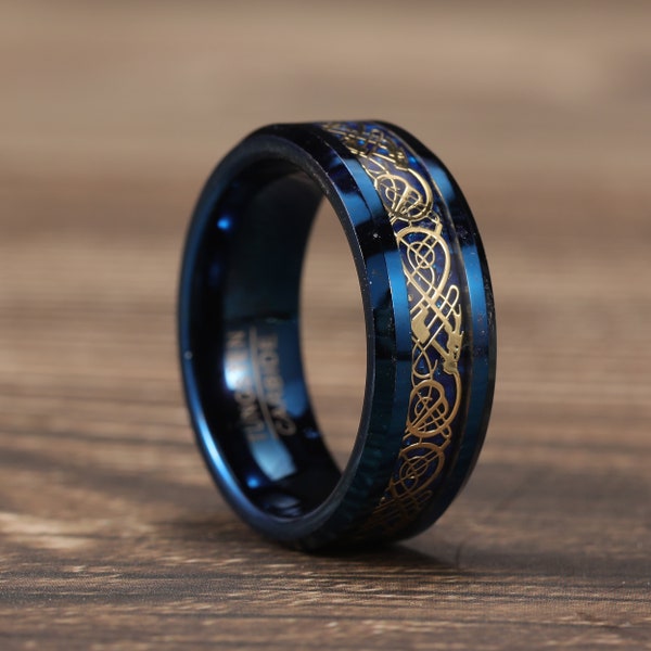 Anillo de tungsteno azul de 8 mm, anillo de tungsteno con dragón celta, anillo de fibra de carbono anillo de boda anillo de aniversario
