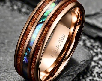 Hawaiian Koa Wood Tungsten Ring, Abalone Shell Inlay Mens Wedding Band, Rose Gold Ring, Handmade Wedding band, Promise Ring for Him