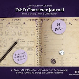 DnD 5e Charakter Journal Printable | Bogen Fantasy TTRPG PDF | Verwunschene Bibliothek Pflaume und Orchidee | D&D Charakter Bogen | Dungeons & Dragons