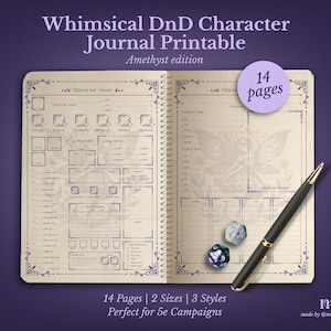 May include: Open journal with a spiral binding, featuring character sheets for a DnD game. The journal is beige with purple accents and includes a pen and dice. Text on the cover reads "Whimsical DnD Character Journal Printable". The journal has 14 pages.