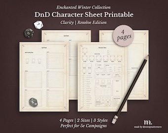 Może przedstawiać: Drukowany arkusz postaci DnD z kolekcji Enchanted Winter. Obraz przedstawia cztery strony arkuszy postaci, kości i ołówek. Tekst na obrazie mówi "Clarity | Resolve Edition" i "4 Pages | 2 Sizes | 3 Styles".