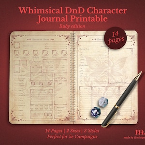 Op de afbeelding: Een open dagboek met de tekst "Whimsical DnD Character Journal Printable" en "Ruby edition". Het dagboek toont personagebladen, dobbelstenen en een pen. Het bevat 14 pagina's en is ontworpen voor 5e-campagnes.