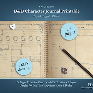 DnD 5e Character Journal Printable | RPG Sheets and Fantasy TTRPG PDF | Crystal Sapphire | DnD Character Sheet | Dungeons & Dragons