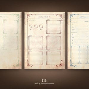 DnD 5e spell book printable pages for levels 0–9 and character details sheet, fantasy themed Dungeons and Dragons journal pages for tracking spells casting abilities backstory traits and character progression in tabletop RPG campaigns