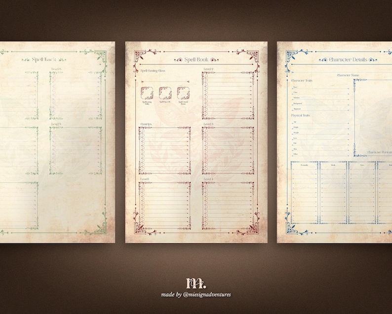 DnD 5e spell book printable pages for levels 0–9 and character details sheet, fantasy themed Dungeons and Dragons journal pages for tracking spells casting abilities backstory traits and character progression in tabletop RPG campaigns