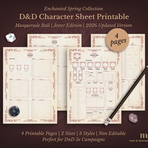 Puede incluir: Hojas de personaje de D&D imprimibles con una estética vintage. Las hojas son de color crema con bordes decorativos burdeos e incluyen espacios para detalles del personaje. La imagen también muestra dados y un lápiz.