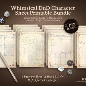 Puede incluir: Un paquete de hojas de personajes de DnD imprimibles con un diseño caprichoso. Las hojas presentan una estética vintage con bordes decorativos y están disponibles en varios colores. El texto de la imagen dice "Whimsical DnD Character Sheet Printable Bundle". Incluye 16 páginas en total.