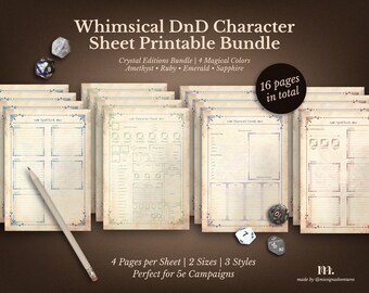 DnD 5e キャラクターシートバンドル | 印刷可能なRPGシートとファンタジーTTRPG PDF | ウィムジカルエディション | DnDキャラクターシート | ダンジョンズ＆ドラゴンズ