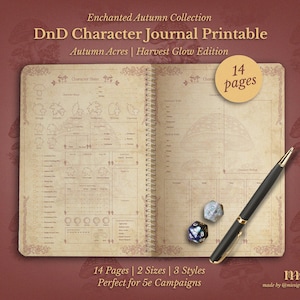 Op de afbeelding: Een afdrukbaar DnD Character Journal uit de Enchanted Autumn Collection. Het journaal is open en toont 14 pagina's met personagebladen en een pen. Twee dobbelstenen liggen naast het journaal. Het journaal is Autumn Acres | Harvest Glow Edition.