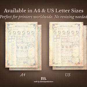 DnD 5e character sheet printable available in A4 and US Letter sizes, perfectly formatted for home printing and print shops worldwide, fantasy themed Dungeons and Dragons character journal pages with no resizing required for easy printing and use during campaigns