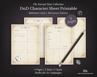 May include: A printable DnD character sheet with a medieval castle theme. The design features four pages with character details, spell book sections, and space for notes. A pencil and dice are included in the image. The text reads "The Eternal Tales Collection" and "DnD Character Sheet Printable".