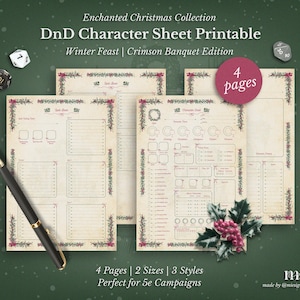 May include: A set of four printable DnD character sheets with a winter theme, featuring decorative floral borders and the text "DnD Character Sheet Printable." A pen and dice are also present. The sheets are 8.5 x 11 inches.