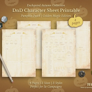 May include: A DnD Character Sheet Printable from the Enchanted Autumn Collection. The design features a Pumpkin Patch and Golden Maple Edition. The image shows four pages with a pencil, dice, and text that reads "4 Pages | 2 Sizes | 3 Styles".