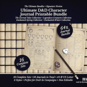 May include: A printable D&D character journal bundle with the text "Ultimate D&D Character Journal Printable Bundle". The image shows a journal with dice and a pencil. The bundle includes 16 complete sets and 64 journals in total.