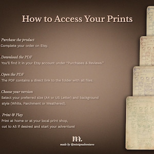 How to access DnD 5e printable character journal instructions showing instant digital download process via Etsy, including PDF access file selection and printing steps, easy to use Dungeons and Dragons printable journal for home or professional printing