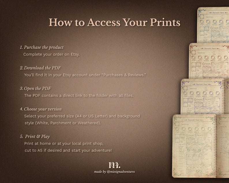 How to access DnD 5e printable character journal instructions showing instant digital download process via Etsy, including PDF access file selection and printing steps, easy to use Dungeons and Dragons printable journal for home or professional printing