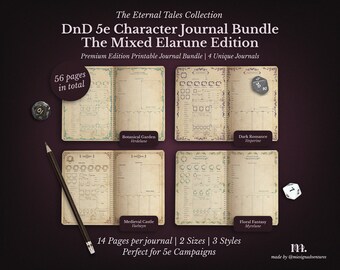 May include: A collection of four printable DnD 5e character journals, each with 14 pages. The designs include Botanical Garden, Dark Romance, Medieval Castle, and Floral Fantasy. The journals are part of The Eternal Tales Collection.