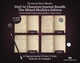 May include: A DnD 5e Character Journal Bundle, The Mixed Morielyn Edition, with four unique journals. The journals include Botanical Garden, Dark Romance, Medieval Castle, and Floral Fantasy themes. Each journal has 14 pages and is perfect for 5e campaigns, with 56 pages in total.