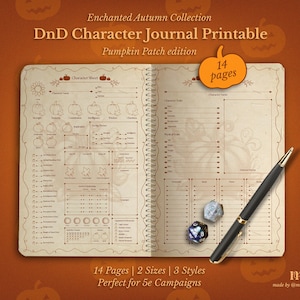 Op de afbeelding: Een open DnD Character Journal Printable met een pompoenthema. Het journaal is open op twee pagina's, met personagebladen en een pen. Het journaal is spiraalgebonden en heeft de tekst "Enchanted Autumn Collection" en "Pumpkin Patch edition". Het journaal heeft 14 pagina's.