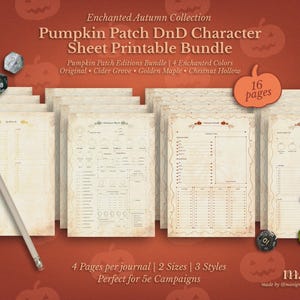 May include: A printable bundle of Pumpkin Patch DnD character sheets. The design features a vintage aesthetic with a pumpkin theme. The bundle includes 16 pages, 4 pages per journal, 2 sizes, and 3 styles. A pencil and dice are included.