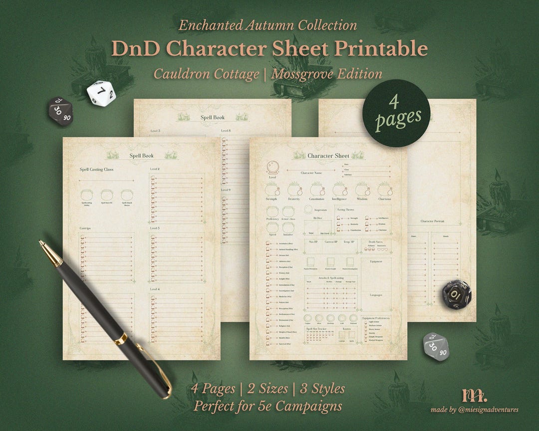 Dnd 5e Character Sheet Printable | Cauldron Cottage Mossgrove Edition ...