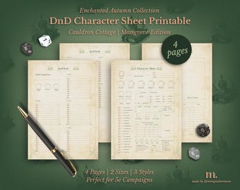 DnD 5e-tekenblad afdrukbaar | Cauldron Cottage Mossgrove-editie | Dungeons & Dragons Fantasy-RPG pdf | A4 A5 US Letter | 4 pagina's