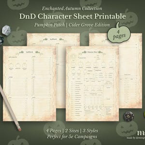 Peut inclure: Une feuille de personnage DnD imprimable de la collection Enchanted Autumn. Le design présente une édition Pumpkin Patch et Cider Grove. L'image montre quatre pages avec un crayon et des dés. Le texte dit "4 Pages | 2 Sizes | 3 Styles | Perfect for 5e Campaigns."
