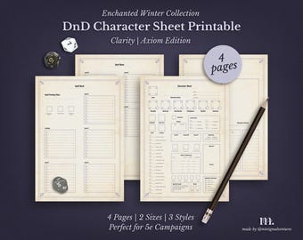 Może przedstawiać: Drukowane arkusze postaci DnD z kolekcji Enchanted Winter. Obraz przedstawia cztery strony arkuszy postaci, kości i ołówek. Tekst na obrazie brzmi "Clarity | Axiom Edition" i "4 pages".