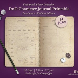 May include: A DnD Character Journal Printable, open to reveal character sheets. The journal is vintage-styled with a spiral binding. The cover reads "Enchanted Winter Collection" and "DnD Character Journal Printable." The image includes dice and a pencil. The journal has 14 pages.