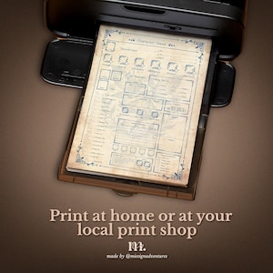 DnD 5e character sheet printable shown being printed at home, fantasy parchment style character journal page designed for easy printing, cutting and binder use, perfect for tabletop roleplaying sessions and immersive Dungeons and Dragons campaigns