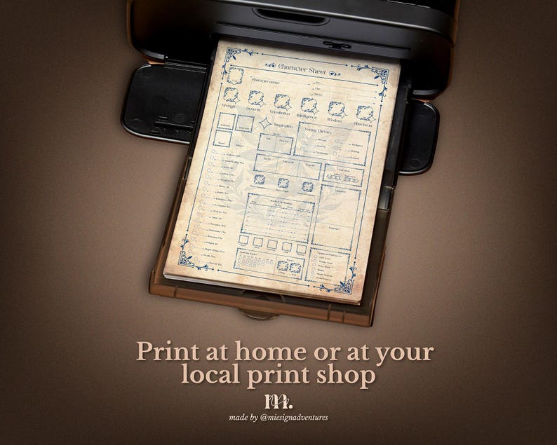 DnD 5e character sheet printable shown being printed at home, fantasy parchment style character journal page designed for easy printing, cutting and binder use, perfect for tabletop roleplaying sessions and immersive Dungeons and Dragons campaigns