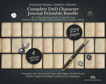 May include: A complete DnD character journal printable bundle with 16 journals total. The image shows 4 editions per set, 224 pages, and includes A4 & US Letter sizes. The journals are part of the Enchanted Autumn series.