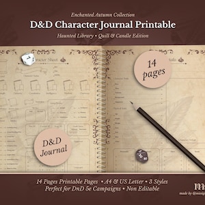 Journal des personnages D&D 5e imprimable | Feuilles de RPG et Fantasy TTRPG | Plume d'oie bibliothèque hantée | Feuille de personnage du MdD | Donjons et dragons